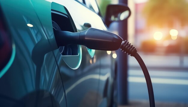 O carro elétrico é carregado num posto de combustível ecológico