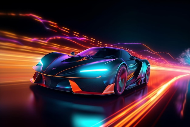 O carro esportivo futurista de demônio da velocidade neon acelera com trilhas de luz vibrantes