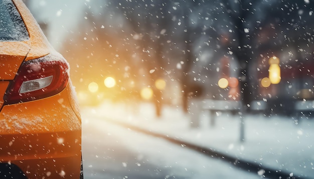 O carro está em uma estrada de inverno com neve caindo