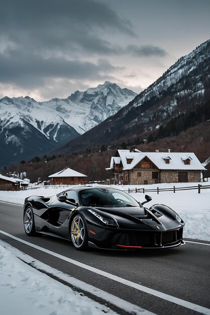 O carro está estacionado na neve e a neve coberta paisagem carro 3D com cores vibrantes tapetes de carro em