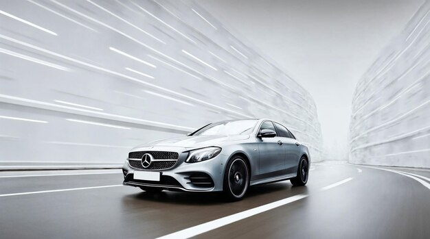 O carro prateado Mercedes-Benz a conduzir na estrada