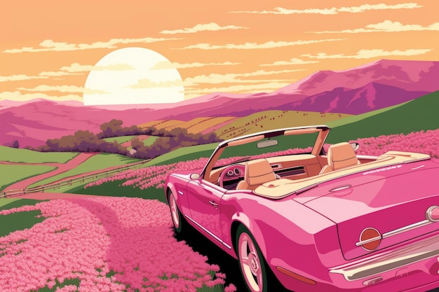 O carro rosa é uma paisagem de estilo cartoon ao ar livre Bela imagem de ilustração IA generativa