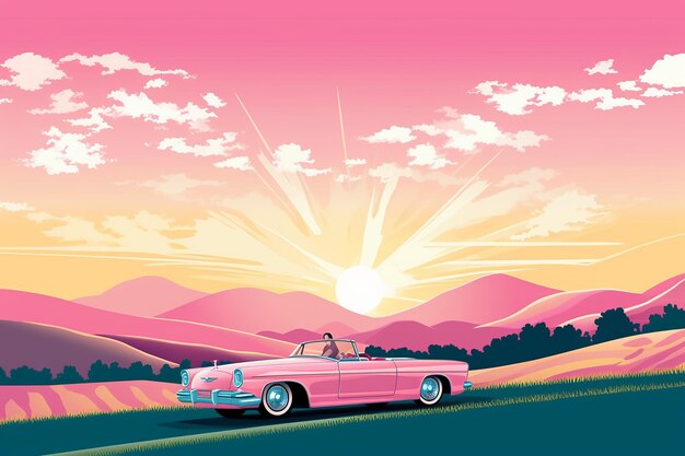 Foto o carro rosa é uma paisagem de estilo cartoon ao ar livre bela imagem de ilustração ia generativa