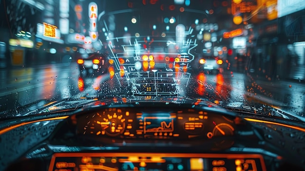 O carro usa realidade aumentada para exibir velocidade de navegação e distância entre o carro usando a Internet das Coisas IoT