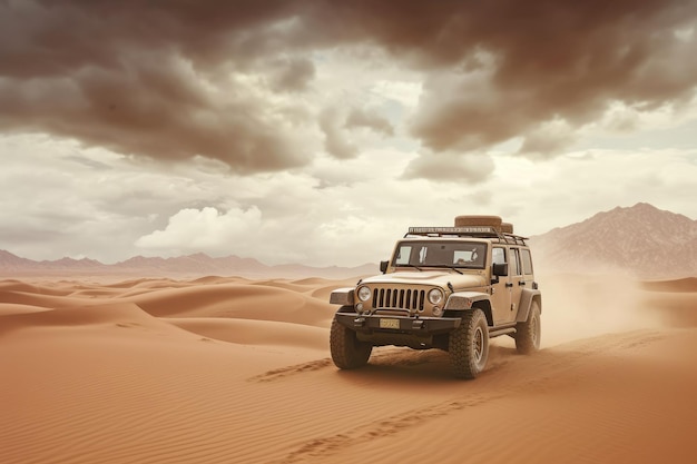 O carro viaja pelo deserto de areia com céu nublado em close-up extremo IA generativa