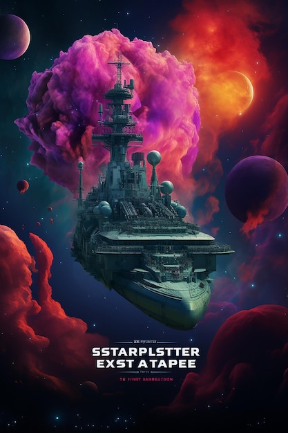 O cartaz do evento apresenta um navio de guerra no espaço exterior no estilo de sonhos hipercoloridos.