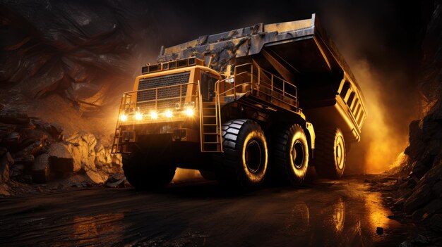 O carvão é carregado em caminhões por máquinas de mineração que são operadas durante a mineração