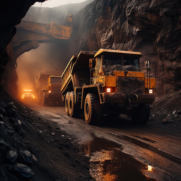 O carvão é carregado em caminhões por máquinas de mineração que são operadas durante a mineração