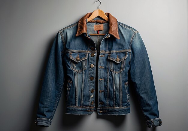 Foto o casaco de jeans pendurado será vendido.