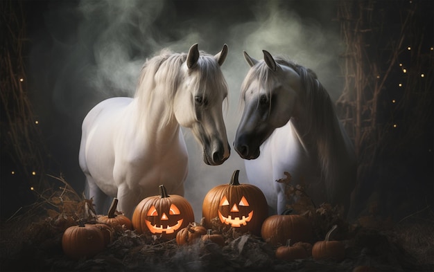 Foto o casal de dois belos cavalos com abóboras de halloween em fumaça em fundo escuro