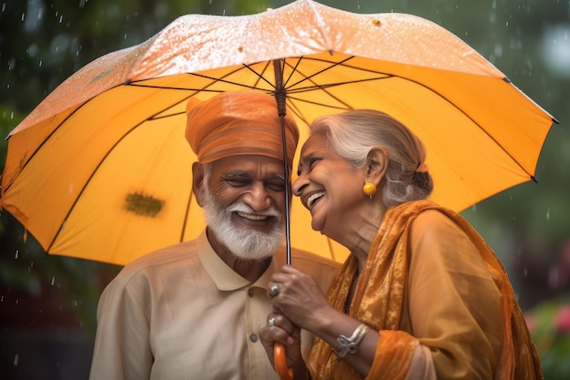 O casal de idosos dançando sob um guarda-chuva