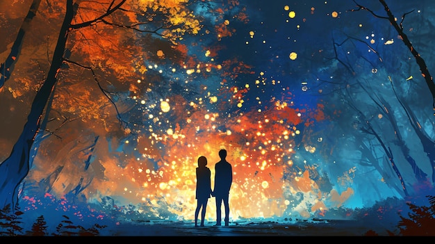 O casal de pé em frente a árvores brilhantes