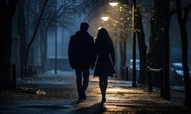 O casal desfrutando de um passeio romântico pelas ruas mal iluminadas desenha
