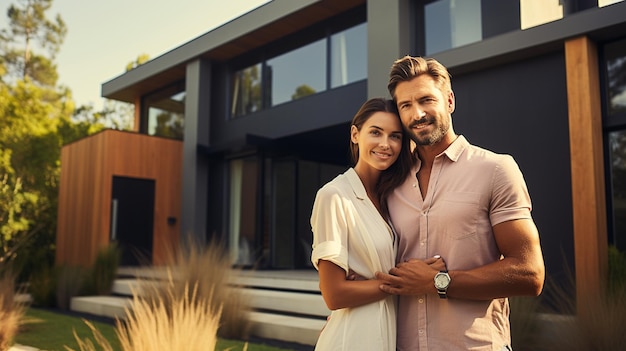 o casal é fotografado em frente a uma casa que tem uma grande janela que indica ser a casa da família.