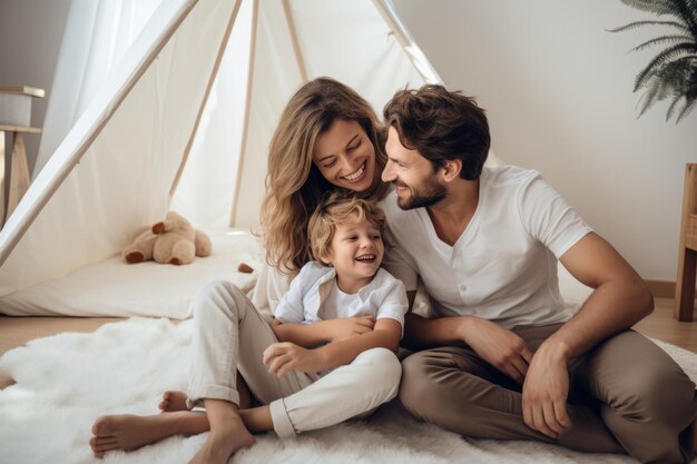 O casal e o filho estão sentados no chão enquanto a mãe olha e abraça-o.