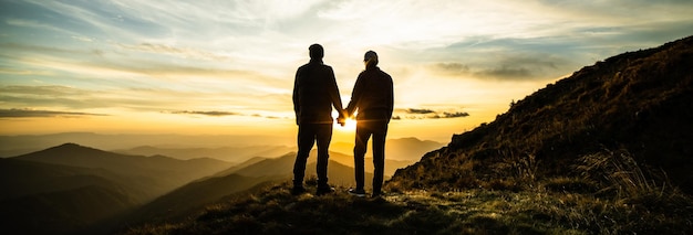 O casal em pé na rocha com um nascer do sol pitoresco