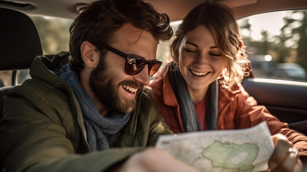 O casal feliz senta-se no carro olhando para o mapa e sorrindo Criado com a tecnologia Generative AI