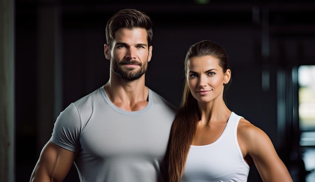 O casal masculino e feminino preparado para o ginásio, ambos vestidos com camisas esportivas, estão juntos em uma posição posicionada