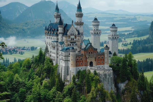 Foto o castelo de neuschwanstein, na alemanha, erguido em uma colina em meio a uma paisagem cênica