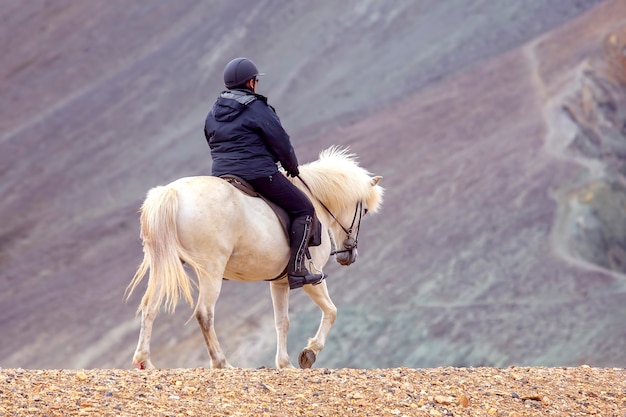 O cavaleiro cavalga em um cavalo islandês em uma paisagem montanhosa