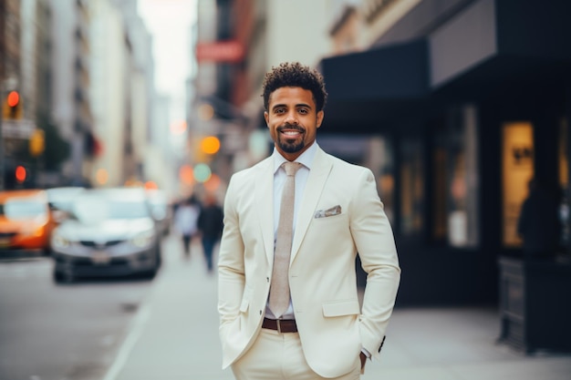 O cavalheiro elegante Um homem elegante de terno branco De pé numa rua vibrante da cidade