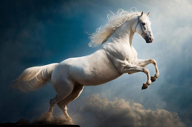 O cavalo branco está em um fundo de céu azul