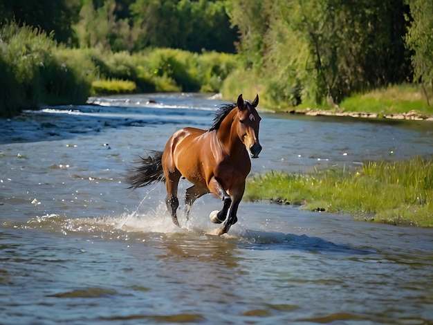 Foto o cavalo está correndo na água do rio ai gerado