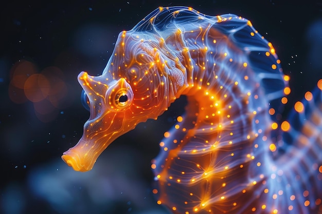 O cavalo-marinho marinho brilha com luminescência contra o mar escuro fotografia profissional