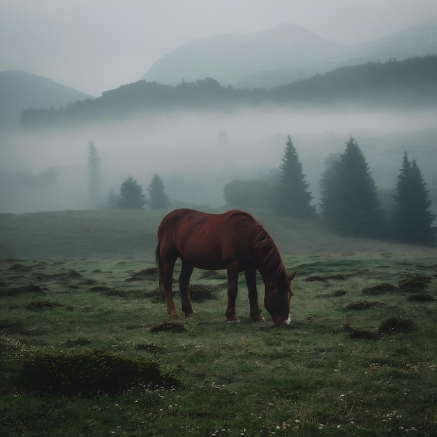 Foto o cavalo pastoreia no prado nas montanhas dos cárpatos paisagem nebulosa névoa matinal alto no m