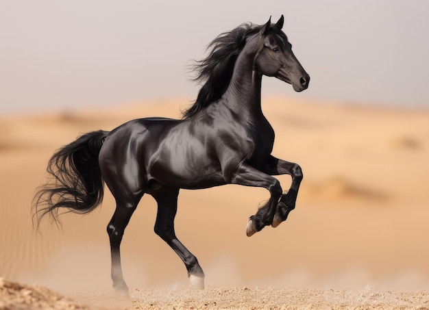 O cavalo preto corre no deserto.