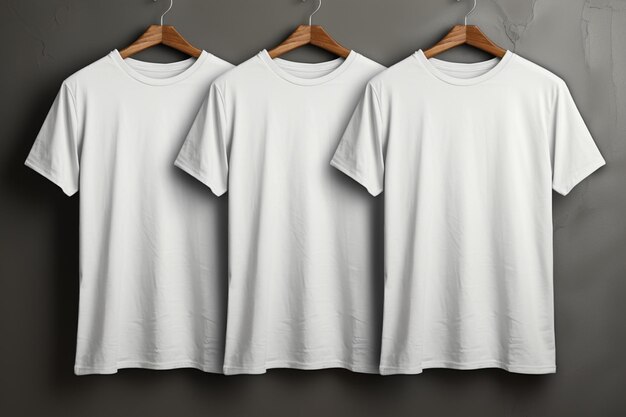 O cenário cinza elegante e minimalista acentua as camisetas brancas prontas para personalização