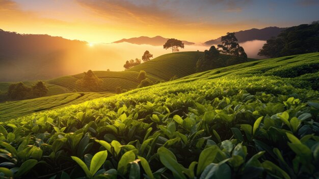 O cenário da hora de ouro da plantação de chá