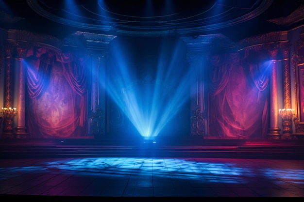 O cenário de luz do palco do teatro com holofotes iluminou o palco para a apresentação de ópera Vazio