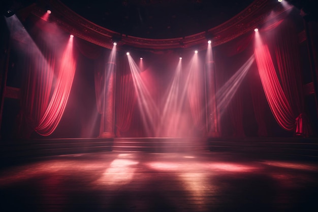 O cenário de luz do palco do teatro com holofotes iluminou o palco para uma apresentação apaixonada