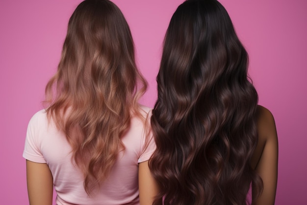 O cenário rosa justapõe o reparo do cabelo de uma mulher antes e depois, apresentando resultados impressionantes
