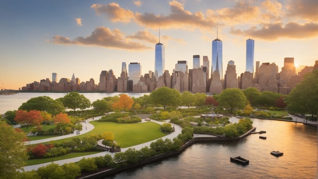 O centro de Manhattan com o pequeno parque público da ilha em Nova York ao nascer do sol