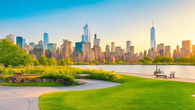 O centro de Manhattan com o pequeno parque público da ilha em Nova York ao nascer do sol