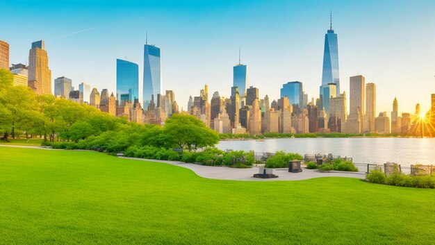 O centro de Manhattan com o pequeno parque público da ilha em Nova York ao nascer do sol