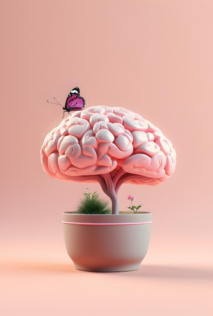 O cérebro cresce em uma panela em fundo rosa Sucesso da ideia de criatividade Crescer ideias geradas por IA