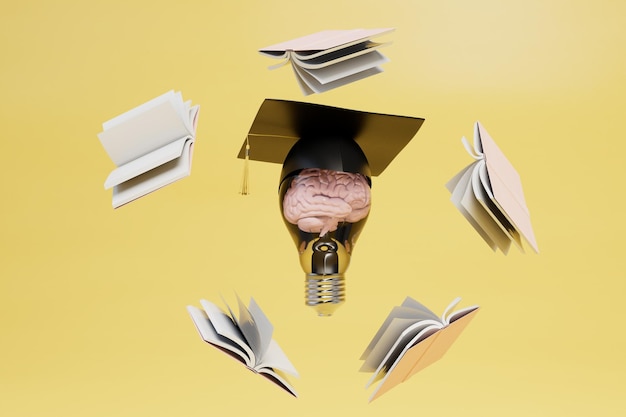 O cérebro gera a ideia de educação um cérebro em uma lâmpada e em uma tampa em torno de um livro
