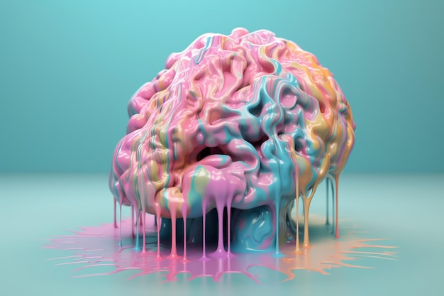 O cérebro humano do qual fluem tintas multicoloridas forma um líquido de fundo moderno inteligente para pensar IA geradora