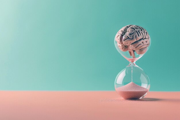 O cérebro humano em relógio de areia conceito médico e psicológico envelhecimento cerebral perda de memória doença de Alzheimer saúde mental processo de pensamento vida O tempo está correndo fluxo de tempo passando a contagem regressiva
