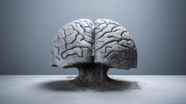O cérebro humano feito de concreto em um fundo cinza Arte cerebral