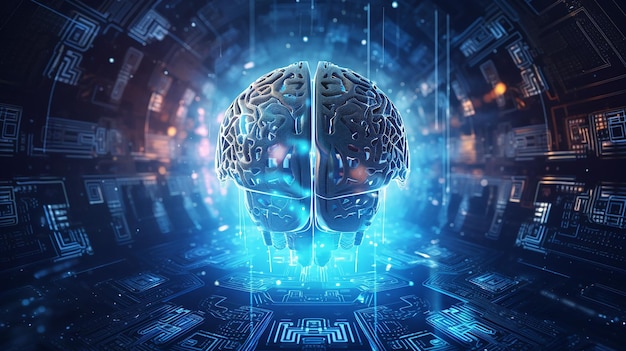 O cérebro humano no fundo da tecnologia representa inteligência artificial Generative AI