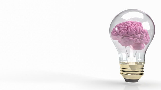 O cérebro rosa na lâmpada para renderização 3d de conceito criativo ou de negócios
