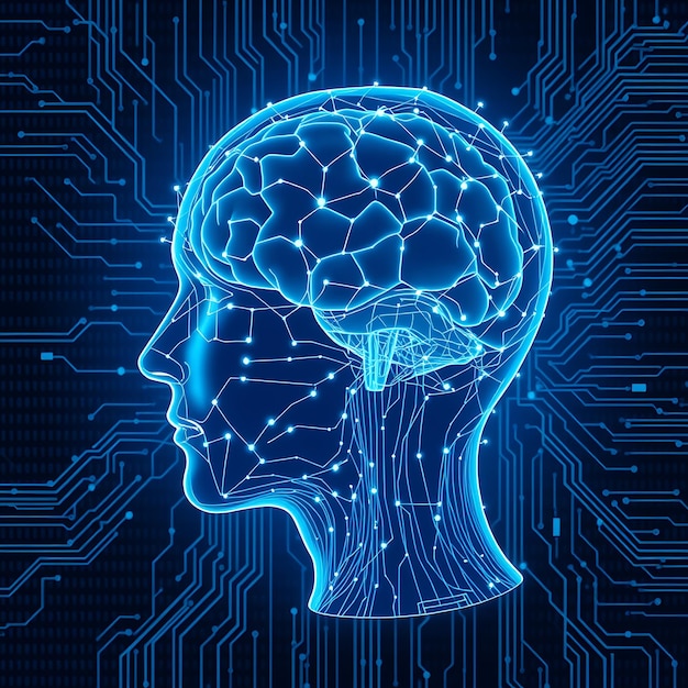 O cérebro visível cercado por códigos e padrões de placas de circuitos em tons que retratam a inteligência artificial