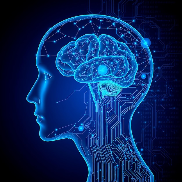 O cérebro visível cercado por códigos e padrões de placas de circuitos em tons que retratam a inteligência artificial