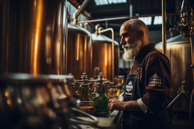 O cervejeiro está de pé em sua cervejaria e verificando a pureza da cerveja