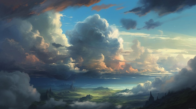 O céu acima das nuvens é uma pintura de uma paisagem com montanhas e nuvens.