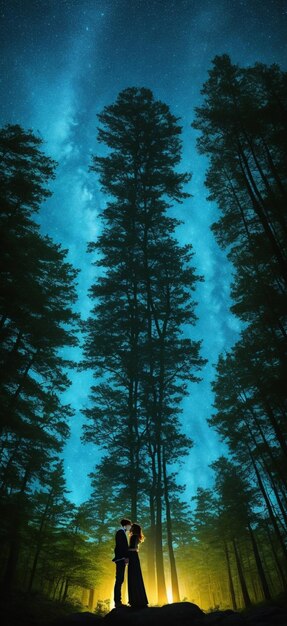 O céu azul na floresta é uma noite nebulosa.